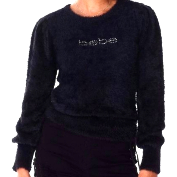 Nwt Bebe Fuzzy Faux Fur Chenille Style Crystal Logo Sweater Bling - Picture 1 of 9